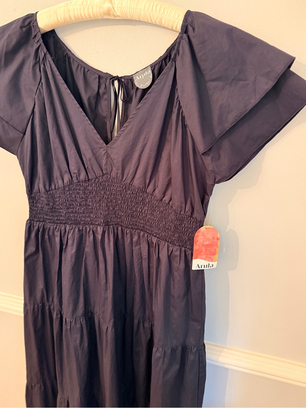 Arula Navy Tiered Midi Dress Smocked Waist Flutter Sleeve 2X NWT - Picture 7 of 12